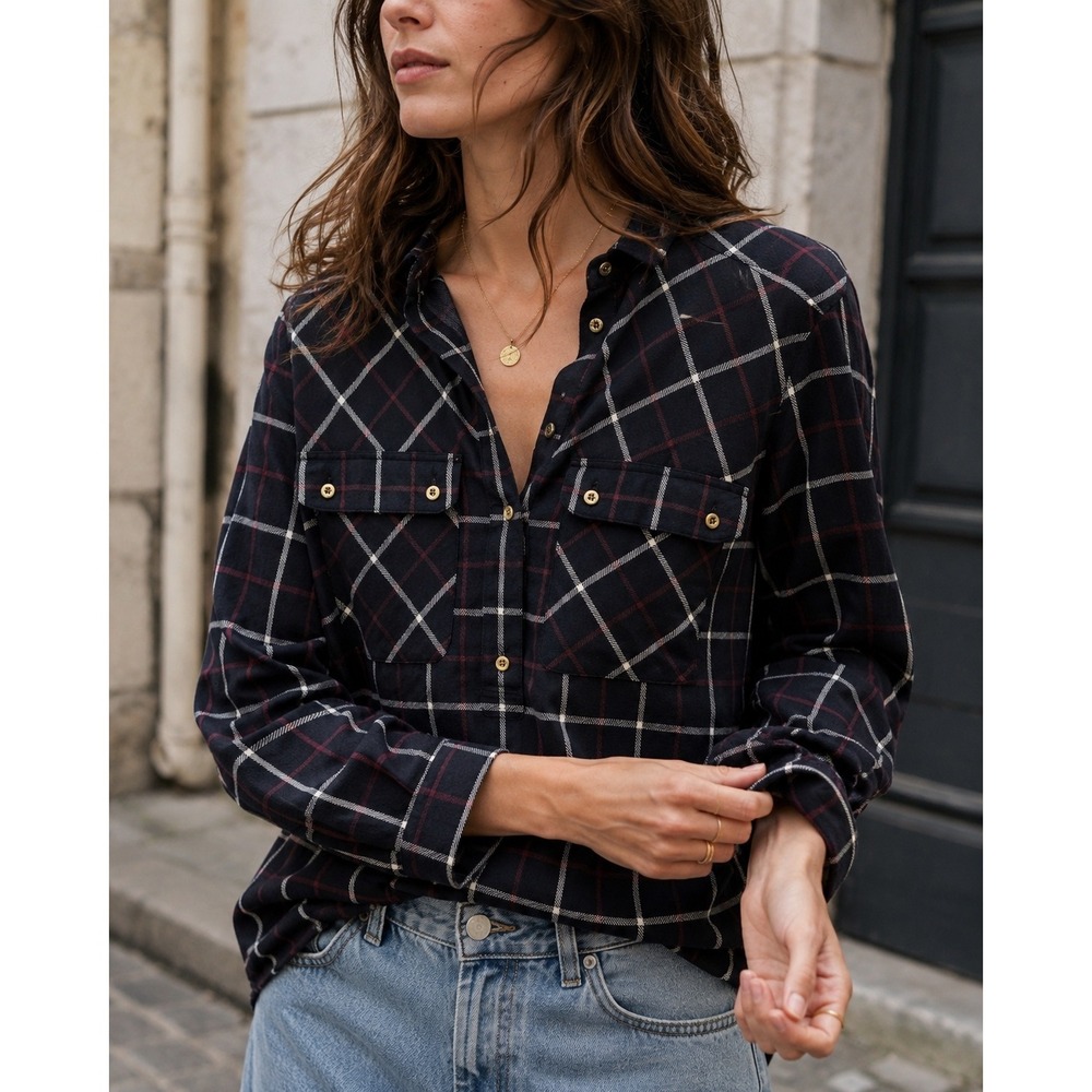 Isabel Marant‎ Étoile Plaid Wool Cotton Band Collar Popover Shirt Black S 36